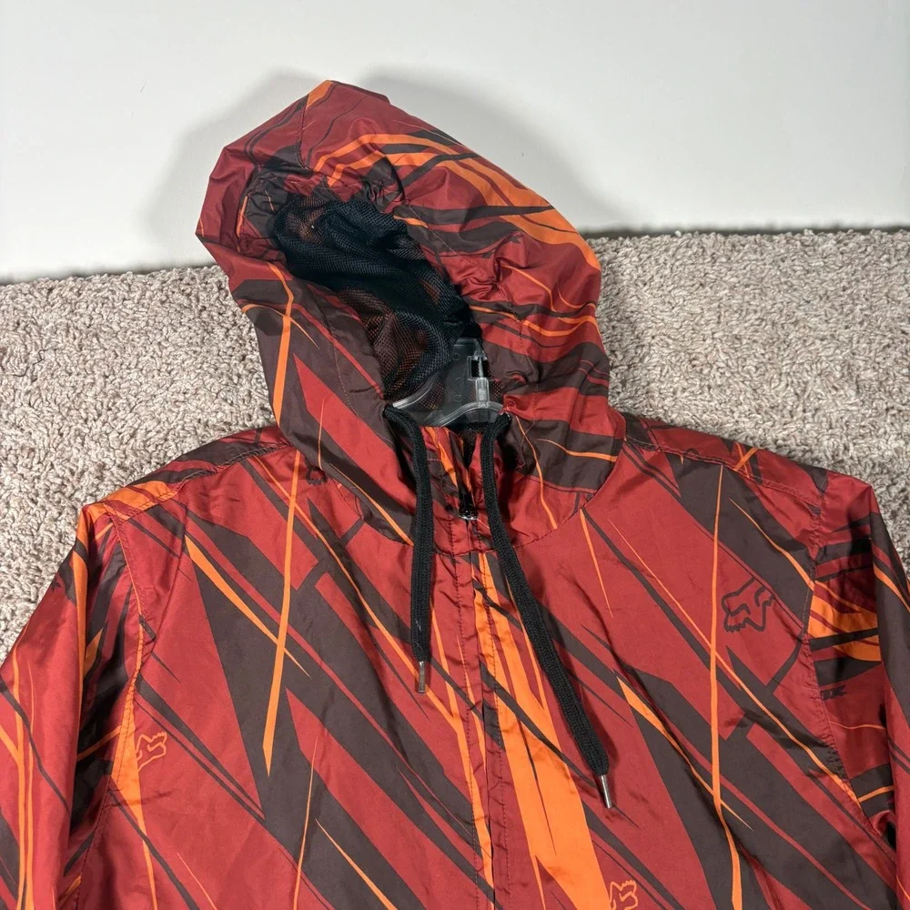 Fox Racing‎ Mens Red Orange Slash Print Hooded Full Zip Mesh Lined Windbreaker S